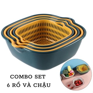 ComBo Bộ rổ vuông 6 món, gồm 3 chậu và 3 rổ, chất liệu nhựa an toàn, dày dặn, nhựa nguyên sinh PP