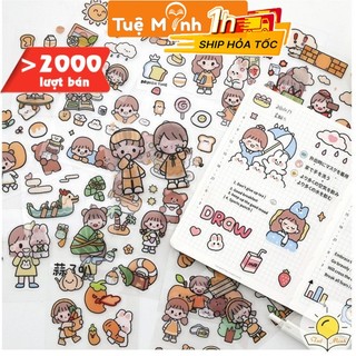 Set 20 tấm 100 miếng sticker nhãn dán Cô nàng cute trang trí sổ, điện thoại, nhãn dán laptop