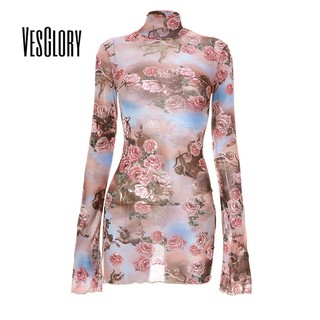 VesGlory Đầm Mini nữ thời trang phản quang tay dài cổ tròn cao cấp bodycon