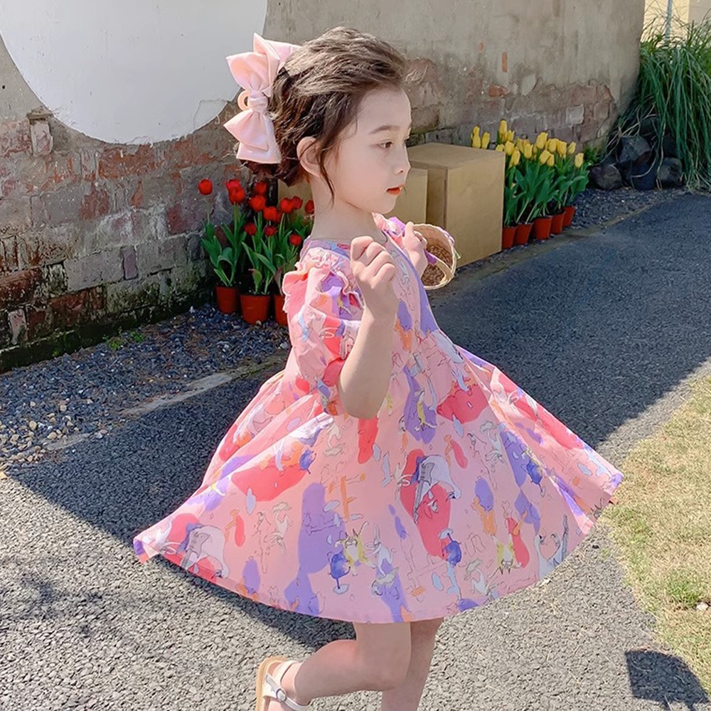 BEAR LEADER Đầm Công Chúa Mùa Hè Tay Phồng In Họa Tiết Động Vật Hoạt Hình Cho Bé Gái 3-7 Tuổi