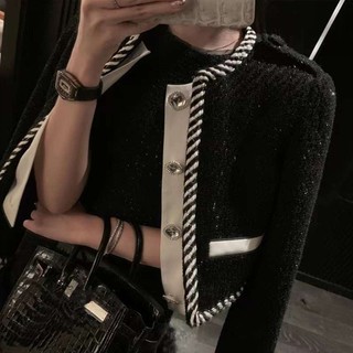 Áo khoác dạ tweed đen viền trắng 6258