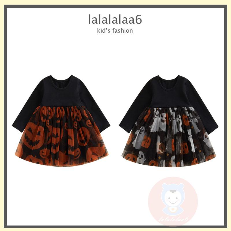 Đầm Xòe Chữ a Tay Dài Cổ Tròn In Hình Bí Ngô / Ma halloween laa6 Cho Bé Gái