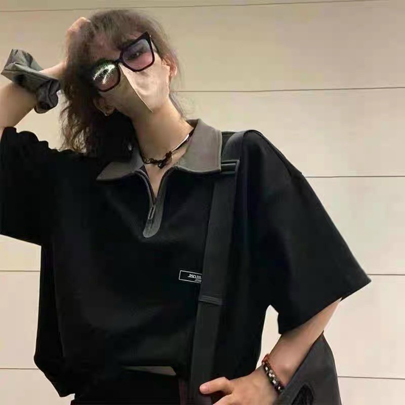 Áo Thun polo Màu Đen Tay Lửng Chất Liệu cotton Co Giãn Thoáng Khí Phối Khóa Kéo Phong Cách Nhật Bản