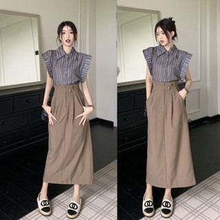 Set áo sơ mi tay dài kẻ sọc + chân váy xẻ tà thời trang cho nữ