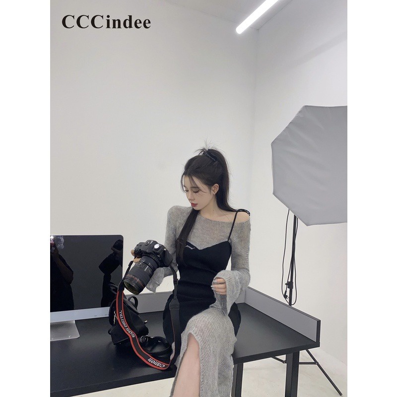 Cccindee Đầm Nữ Tay Dài Hở Vai Phối Màu Tương Phản Thời Trang 2023