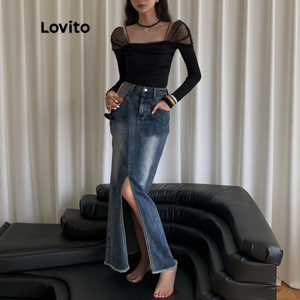 Áo thun Lovito tay dài chắp vá màu trơn thường ngày cho nữ LNA09295 (màu đen)