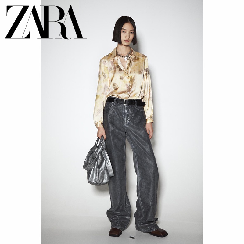 Zara Áo Sơ Mi Vải Lụa satin In Họa Tiết Thời Trang Mùa Thu Cho Nữ