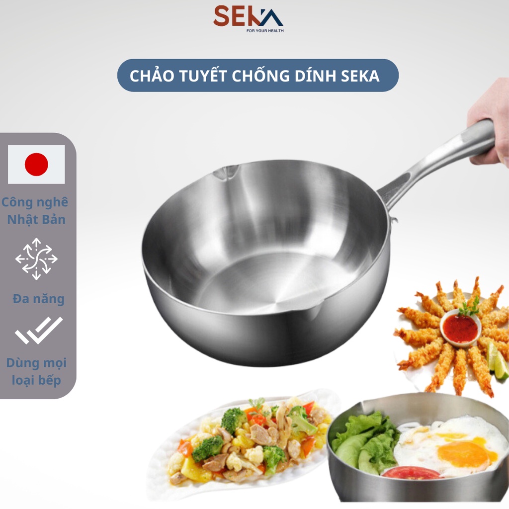 Chảo Inox SEKA nguyên khối chống dính size 22cm, 24cm, 26cm dùng cho mọi loại bếp tặng kèm vỉ gác róc dầu