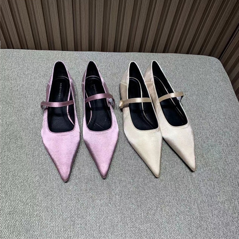 Hong Kong Premium shoes❥Mary jane Giày Gót Thấp Mũi Nhọn Chất Liệu satin Phong Cách retro Thời Trang Xuân Thu Cho Nữ