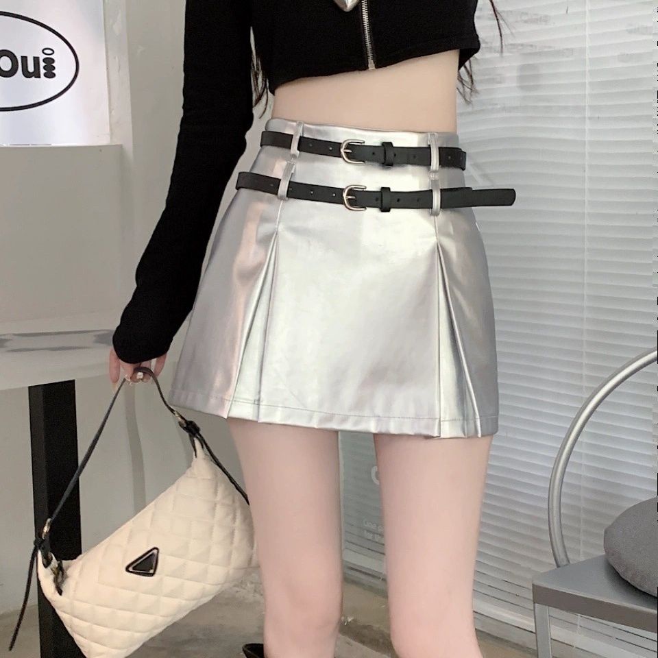 Chân Váy Da pu Ngắn Dáng Chữ a Màu Bạc Thời Trang Xuân Thu 2023 Cho Bạn Gái