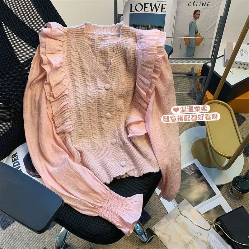 Áo Khoác cardigan Dệt Kim Phối Voan Nhún Bèo Ngọt Ngào Thời Trang Cao Cấp