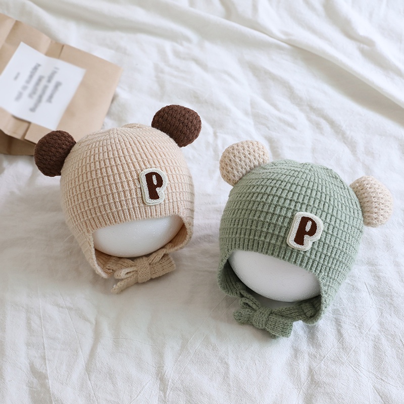 Mũ Len Dệt Kim Trùm Tai Gấu Siêu Dễ Thương Chống Gió Thời Trang Thu Đông Cho Bé