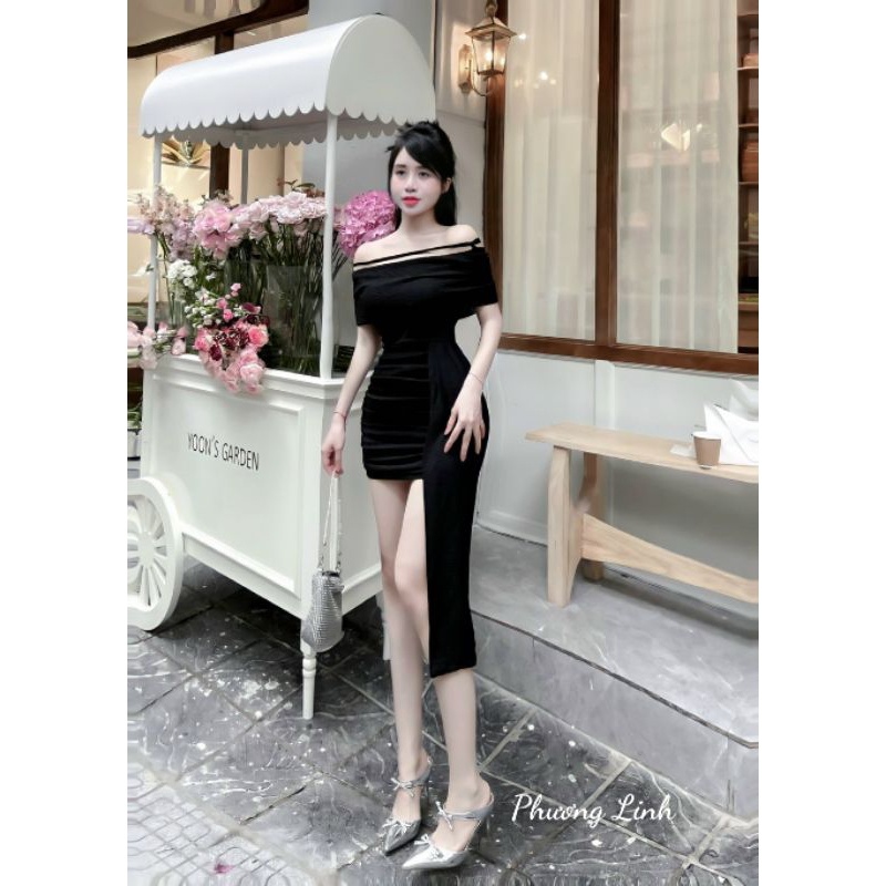 Váy body ren đũi trễ vai tà eo sang chảnh