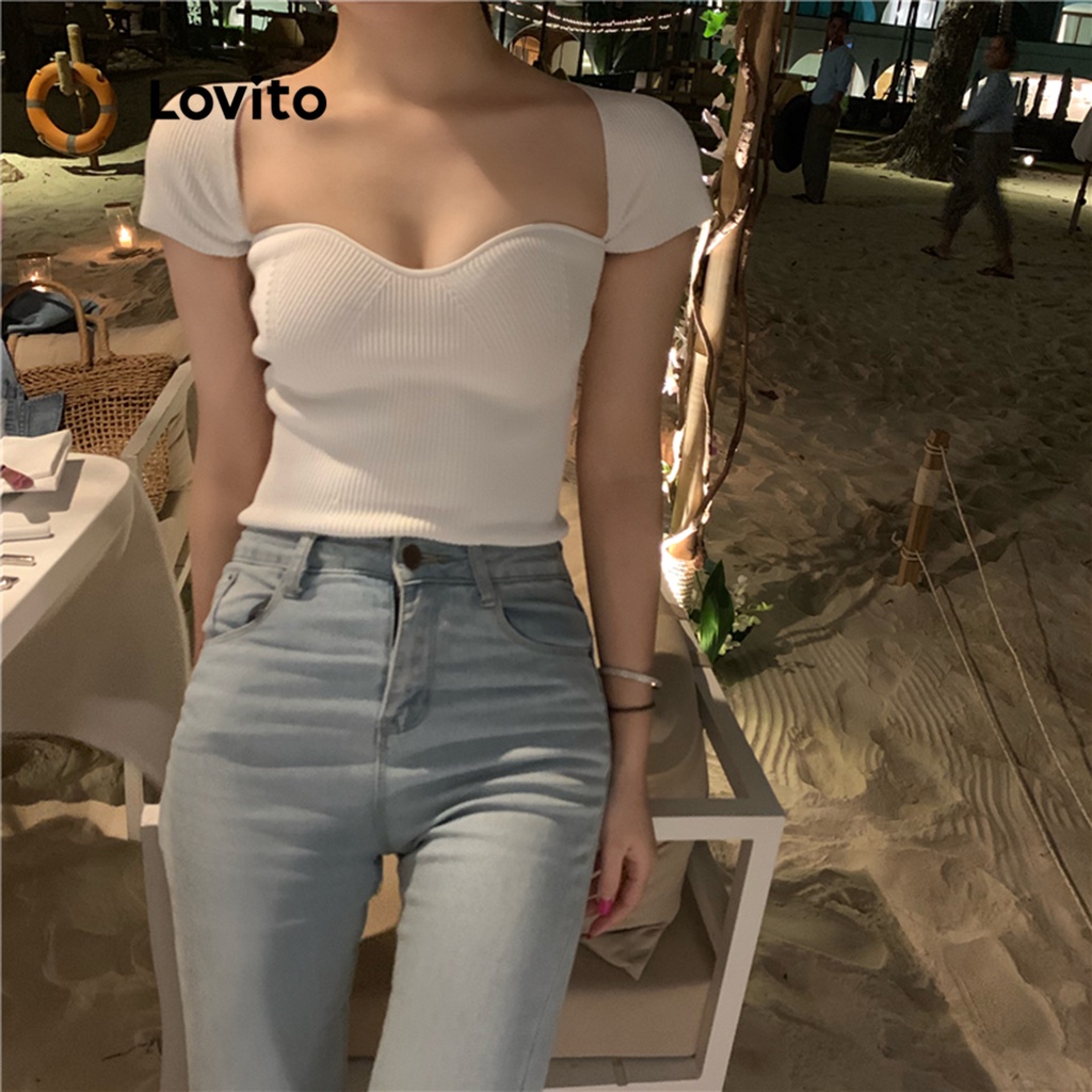 Áo Lovito cổ vương tay ngắn dệt kim sọc gân màu trơn thường ngày cho nữ LNA13033