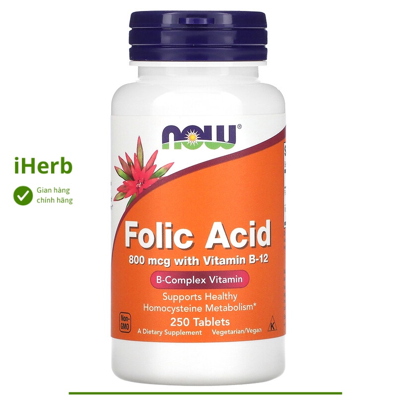 Viên uống Folic Acid bổ sung axit folic 800 mcg của NOW Foods (250 viên) - iHerb Việt Nam