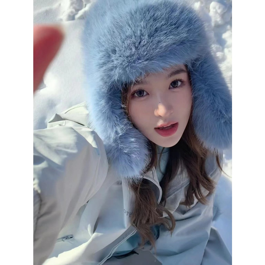 Ins Mũ Lông Giả Lông Chồn Nhỏ Che Tai Bảo Vệ Mặt Giữ Ấm Trượt Tuyết Mùa Đông Phiên Bản Hàn Quốc lei feng Cho Nữ