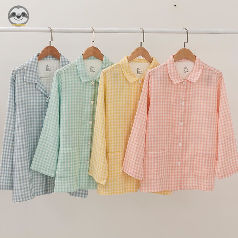 Phong Cách muji Nhật Bản Áo Dài Tay Màu Kẹo / Bộ Đồ Ngủ Hai Lớp Sợi cotton Nguyên Chất / Đồ Mặc Ngoài Trời Kẻ Sọc Tươi Tắn / Cặp Đôi Có Thể Mặc Ngoài Trời