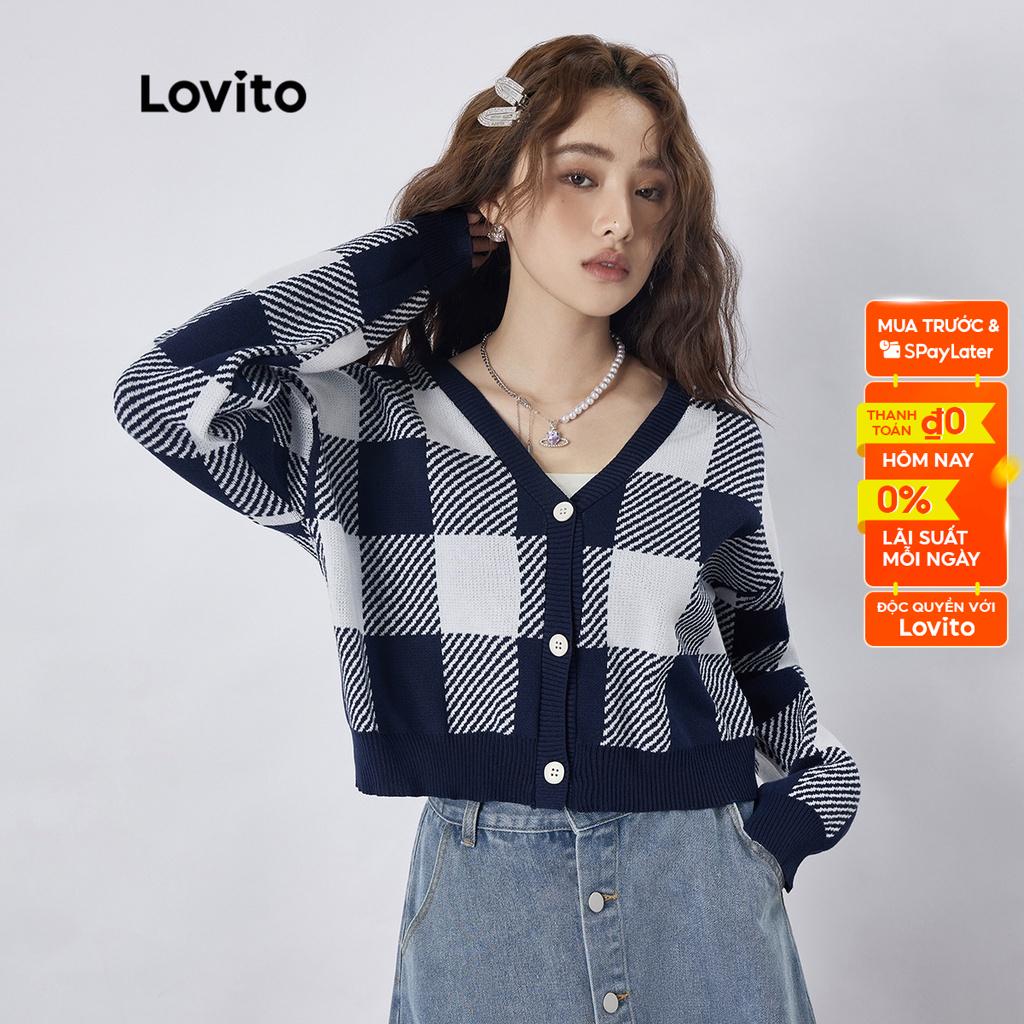 Áo len cardigan Lovito họa tiết caro phong cách học đường dành cho nữ L39AD084 (xanh dương đậm)