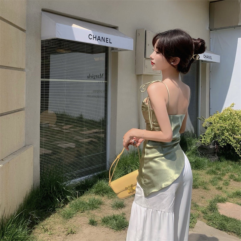 Milyfashion Áo Hai Dây Xếp Ly Ôm Dáng Bằng satin Cao Cấp Phong Cách desire Cho Nữ