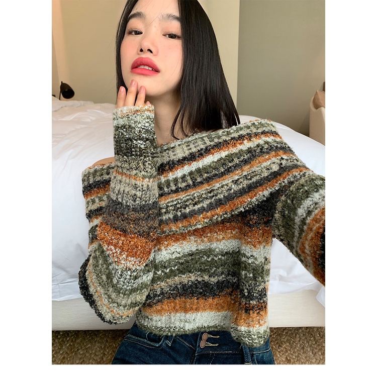 Áo sweater Hở Vai Họa Tiết Kẻ Sọc Nhiều Màu Thời Trang Mùa Xuân 2023 Cho Nữ 3mvp