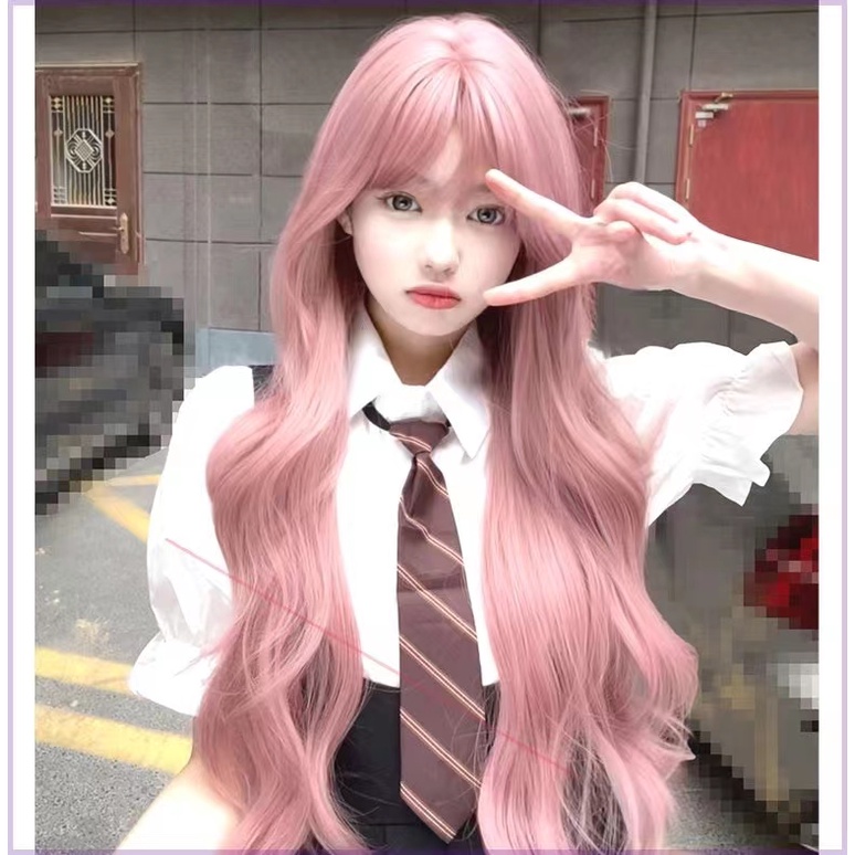Bộ Tóc Giả Dài Xoăn Màu Hồng Nhạt Kèm Mái Bằng Sợi Tổng Hợp Phong Cách lolita Dành Cho Nam Nữ
