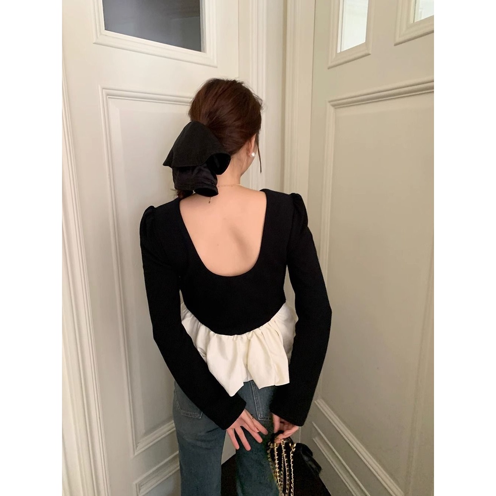 Áo Sơ Mi Dài Tay Cổ Tròn Phối Màu Tương Phản Phong Cách retro Hàn Quốc Thời Trang Mùa Thu Cho Nữ