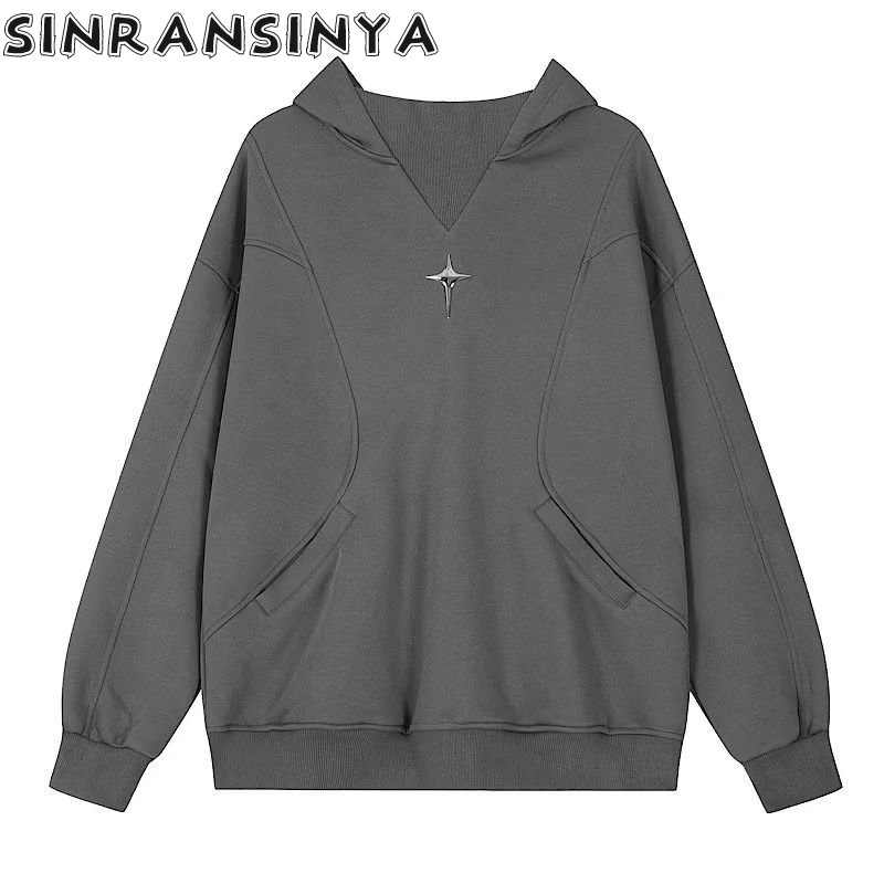 PEUGEOT Sinransinya Áo Hoodie Dáng Rộng Họa Tiết Ngôi Sao Kim Loại Cao Cấp Thời Trang Đường Phố Mỹ Cho Nam Nữ