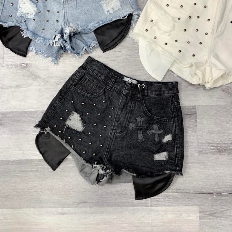 Quần đùi short jean nữ đính đá chữ thập túi lộ