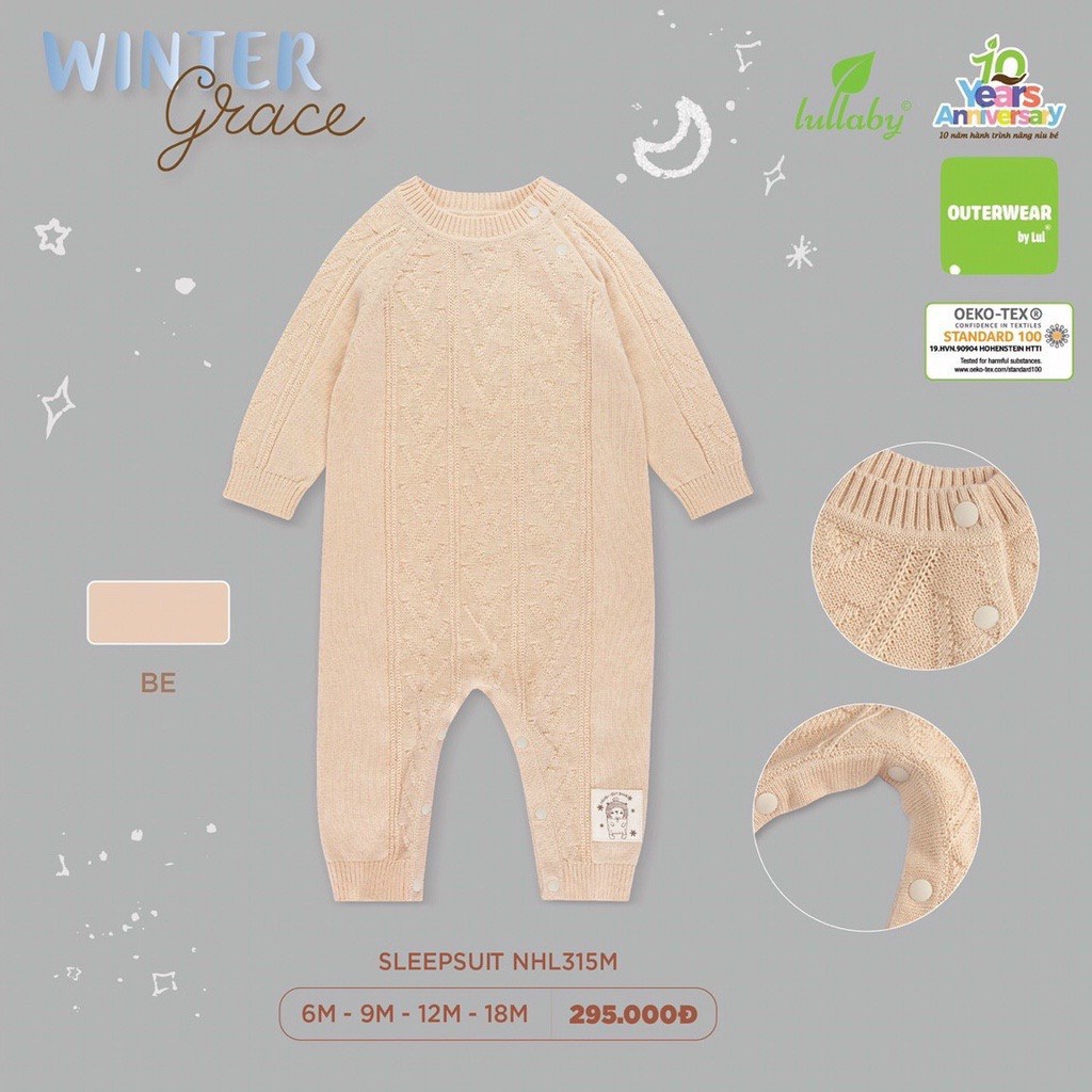 LULLABY Body dài tay chất len dày dặn ấm áp cho bé sơ sinh từ 3m tới 18m