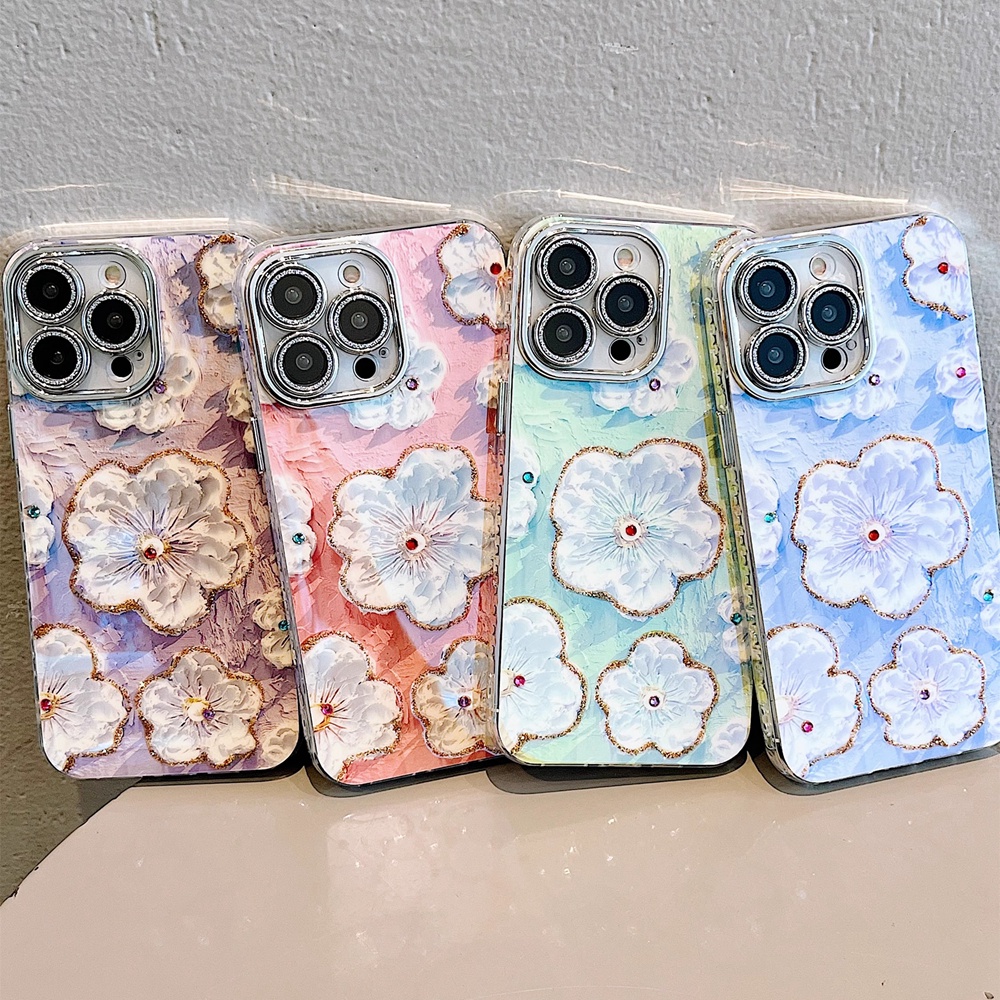 Sang Trọng Ốp Điện Thoại Họa Tiết Hoa Đính Kim Cương Bảo Vệ camera 4 Màu Tùy Chọn Cho iphone 15 pro max 12 13 14 pro max