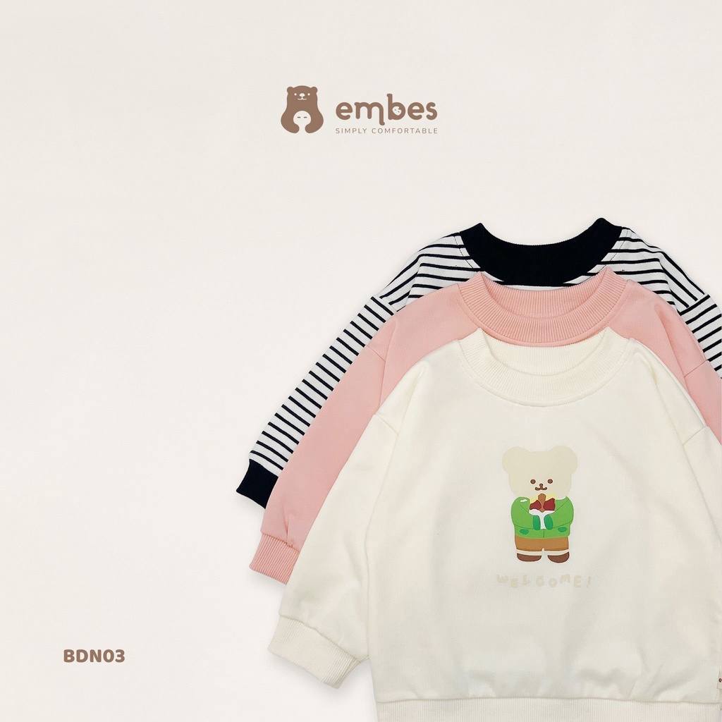 EMBES Bộ quần áo thu đông nỉ da cá cho bé trai bé gái từ 8kg tới 18kg