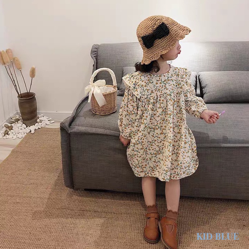 Đầm Bé Gái In Hoa Phối Bèo Màu Vàng