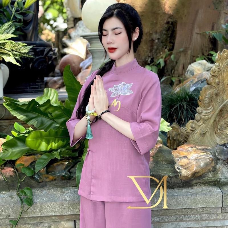 Đồ lam thêu chữ AN hoa sen nút gài cao cấp