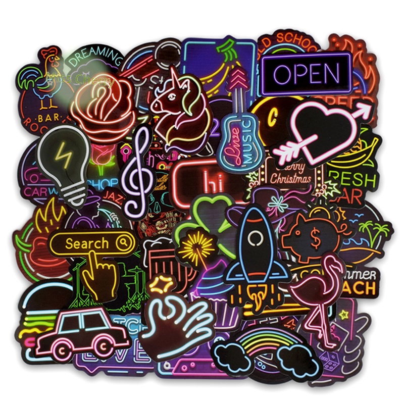 Set 50 Miếng Dán Màu neon Dễ Thương heyuanlong444 Cho Vali laptop guitar