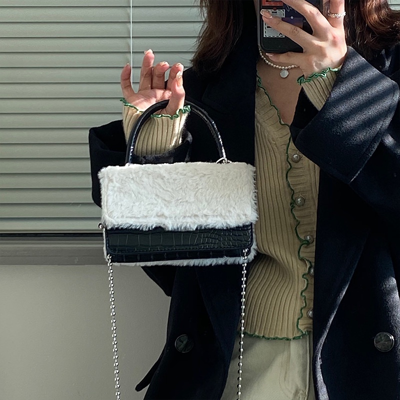 Túi Đeo Chéo Da pu Dáng Vuông Nhỏ Phối Lông Dễ Thương Thời Trang Cho Nữ