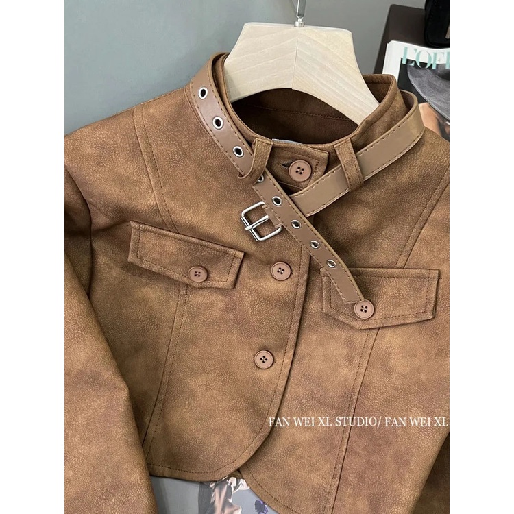 Áo Khoác Da cardigan Dáng Ngắn Phong Cách retro Mỹ Thời Trang Thu Đông Dành Cho Nữ