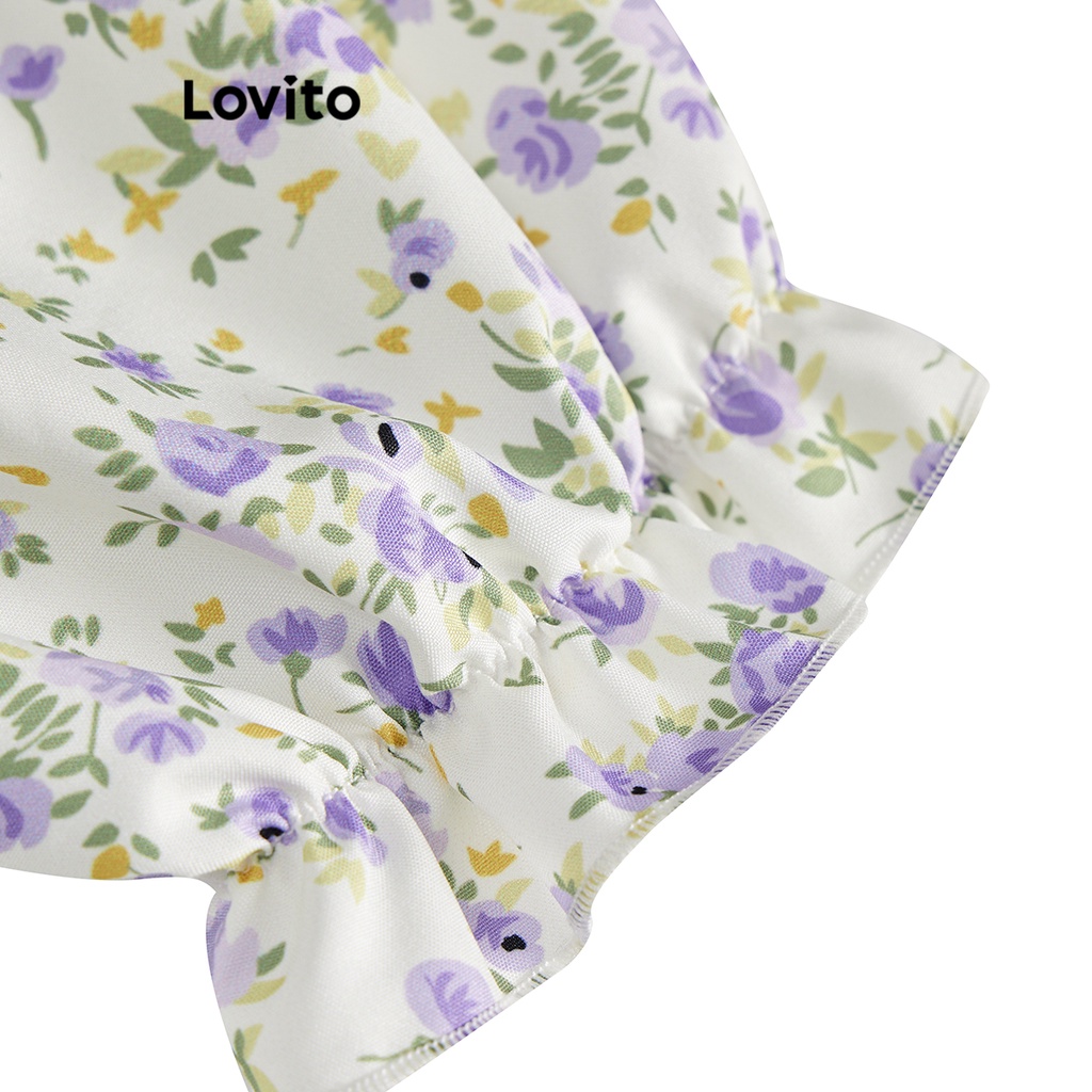 Đầm Lovito tay phồng viền nhún bèo xếp nếp họa tiết hoa nhí thường ngày cho nữ L61AD076