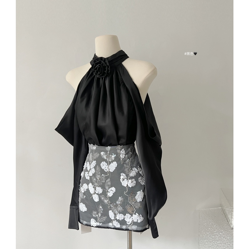 Bộ Áo satin Đính Kim Sa + Chân Váy Ngắn Thời Trang Cho Nữ 8649