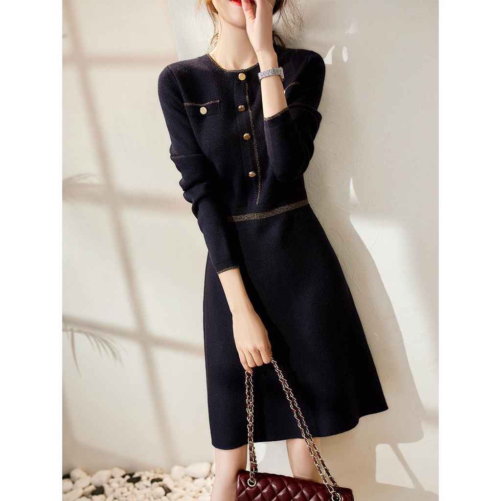 Đầm sweater Dệt Kim Dáng Chữ a Màu Đen Thời Trang Xuân Thu Cho Nữ