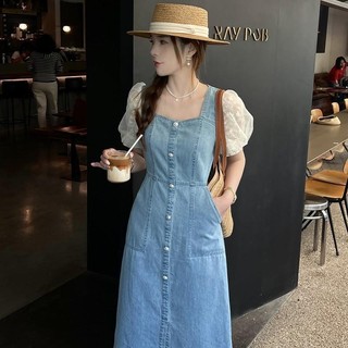 ((Sẵn Sàng Vận Chuyển Nhanh) Mùa Hè 2023 Phong Cách Mới Tay Phồng Khâu Denim Thời Trang Thời Trang Giảm Tuổi Đầm Cổ Vuông Nữ
