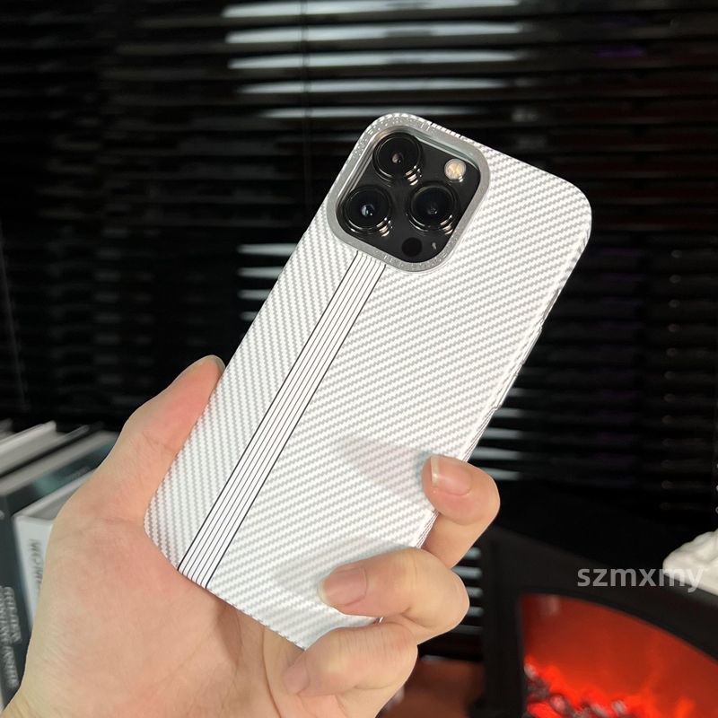 Ultra Ốp Điện Thoại Cứng Siêu Mỏng Họa Tiết Sợi carbon Màu Tương Phản Viền Kim Loại Cho iphone 15 14 13 12 pro max