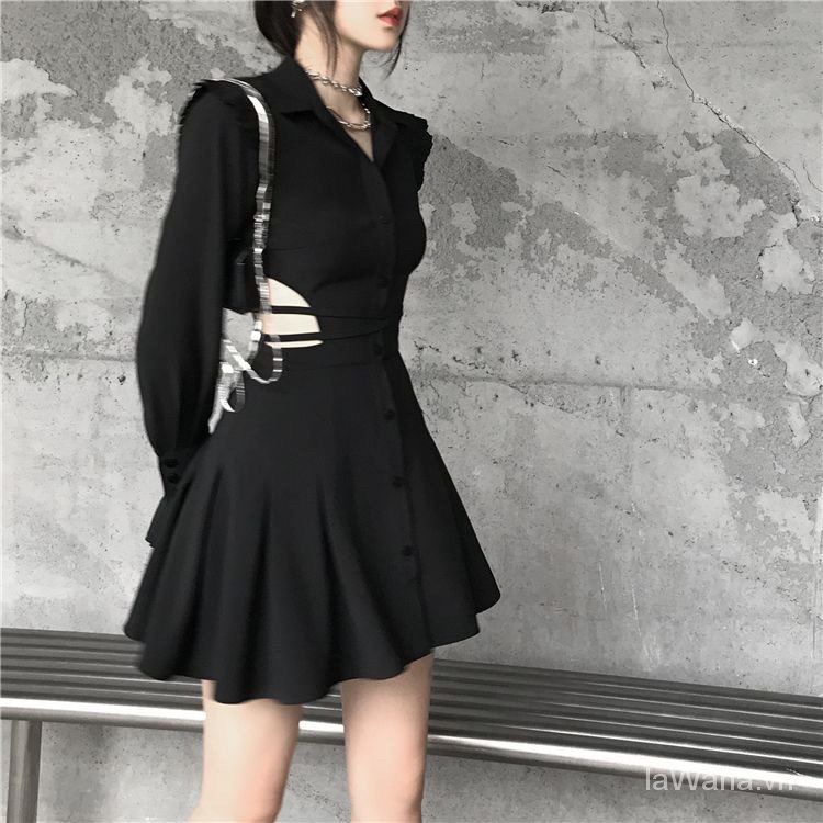 Đầm Sơ Mi Đen Tay Dài Chiết Eo Kiểu Pháp Thời Trang Xuân Thu Cho Nữ