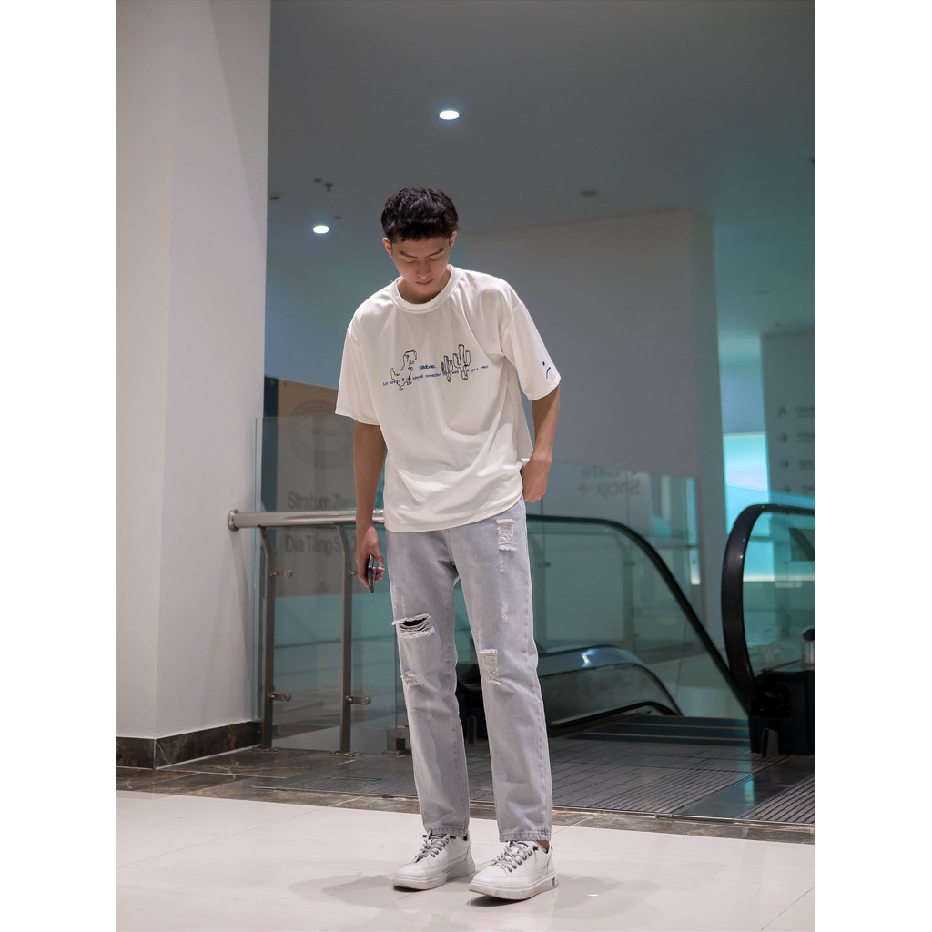 Quần jeans nam nữ rách dáng baggy suông màu xanh trắng nhạt mài rách xước gối đùi đẹp Pon.mens