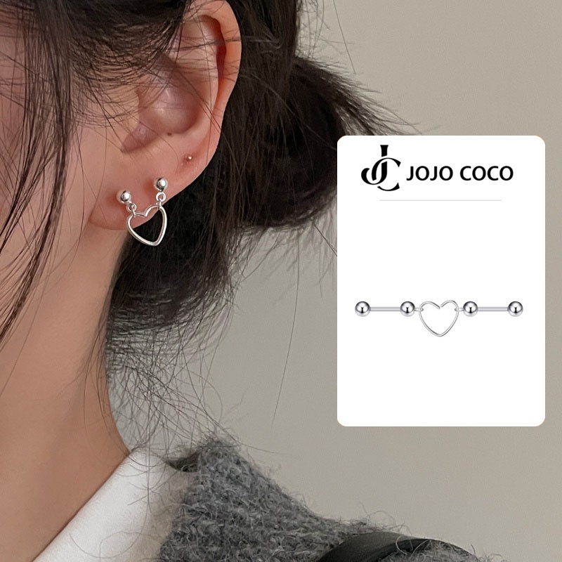 JOJO COCO Bông Tai Mạ Bạc 925 Hai Lớp Hình Trái Tim Phong Cách Hàn Quốc Cho Nữ