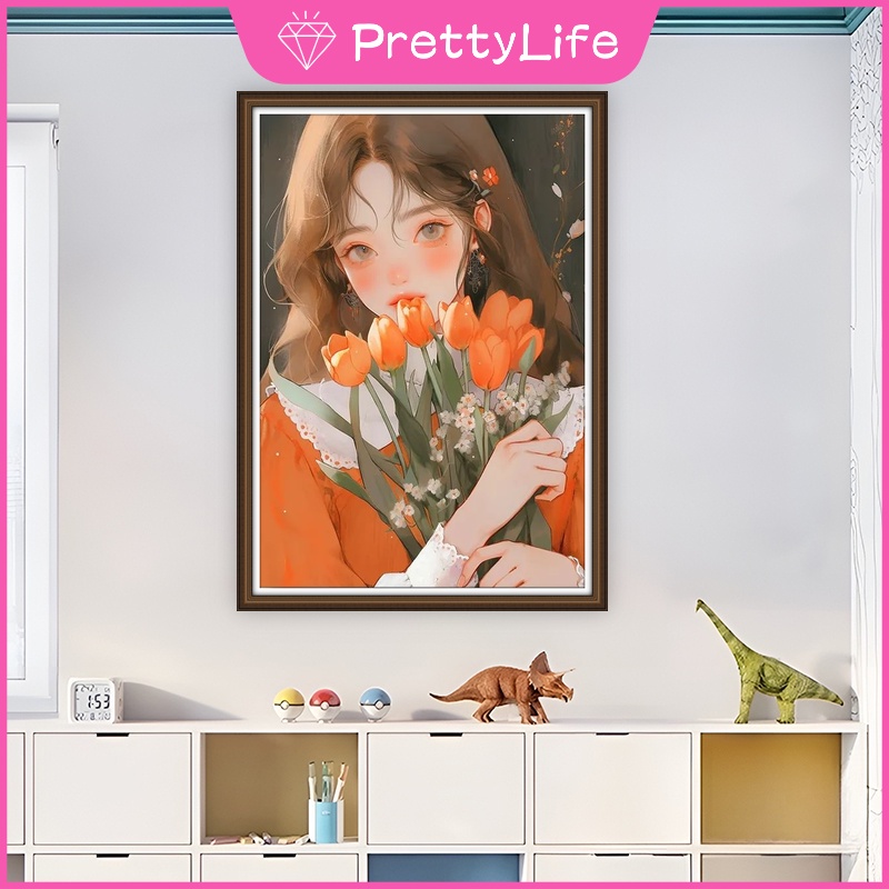 Bộ Tranh Đính Đá 5d Tự Làm 30x40cm Hình Cô Gái Và Hoa Hoạt Hình