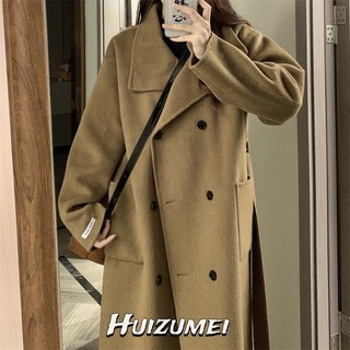 Huizumei áo khoác len dáng rộng hai hàng nút thời trang hàn quốc cho nữ