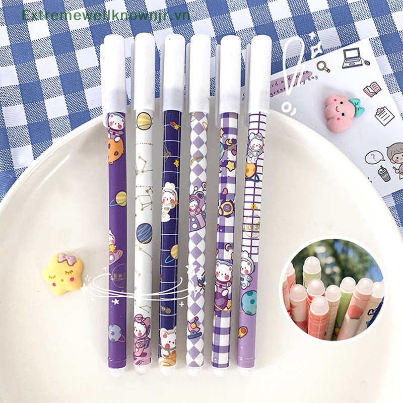 Ervn set 6 Bút Mực gel Ngòi 0.5mm Màu Đen Có Thể Tẩy Xóa Được Kiểu Dáng Hoạt Hình Dễ Thương Cho Học Sinh / Văn Phòng