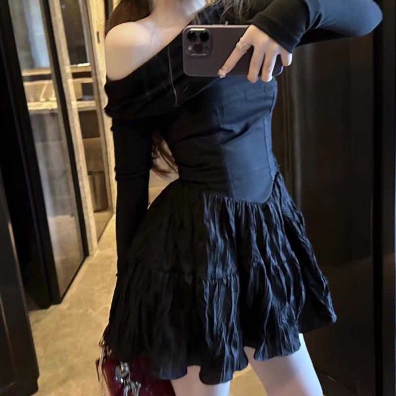 COZOK Đầm Tay Dài Hở Vai Dáng Chữ A Phong Cách Thời Trang Hàn Quốc