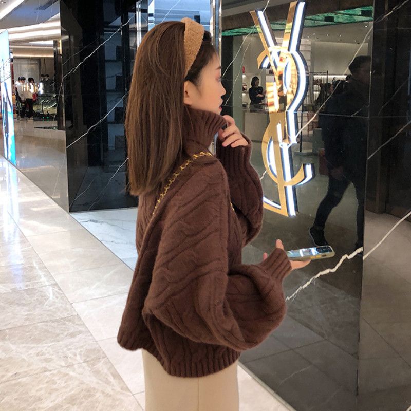 Mới Áo sweater Dệt Kim Dày Dặn Cổ Cao Màu Đỏ Khoai Tây Chiên Cho Nữ