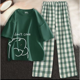 Sét Áo phông Gấu Don' care quần kẻ Karo nhiều màu, Áo thun from rộng, mặc cho Nam và nữ chất đẹp, Sét bộ mặc ở nhà DVGI